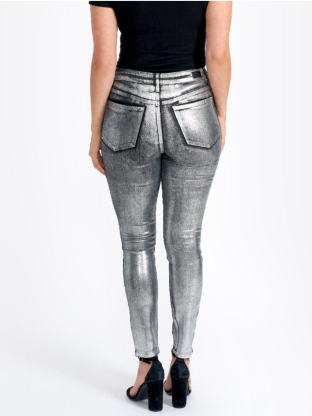 Seven7 Women's Foil Skinny High-Rise Jeans – Size 6 – Silver on Black –